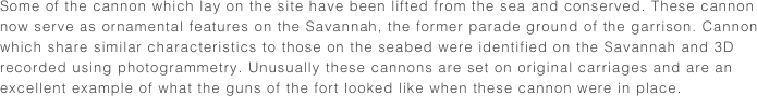 Some of the cannon which lay on the site have been lifted from the sea and conserved. These cannon now serve as ornamental features on the Savannah, the former parade ground of the garrison. Cannon which share similar characteristics to those on the seabed were identified on the Savannah and 3D recorded using photogrammetry. Unusually these cannons are set on original carriages and are an excellent example of what the guns of the fort looked like when these cannon were in place. 