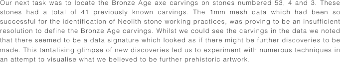 Our next task was to locate the Bronze Age axe carvings on stones numbered 53, 4 and 3. These stones had a total of 41 previously known carvings. The 1mm mesh data which had been so successful for the identification of Neolith stone working practices, was proving to be an insufficient resolution to define the Bronze Age carvings. Whilst we could see the carvings in the data we noted that there seemed to be a data signature which looked as if there might be further discoveries to be made. This tantalising glimpse of new discoveries led us to experiment with numerous techniques in an attempt to visualise what we believed to be further prehistoric artwork.
